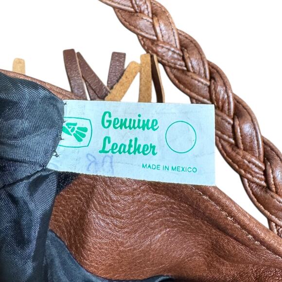 Vintage Brown Leather Fringe Crossbody Bag Made In Mexico Braided Strap Boho - Picture 7 of 7